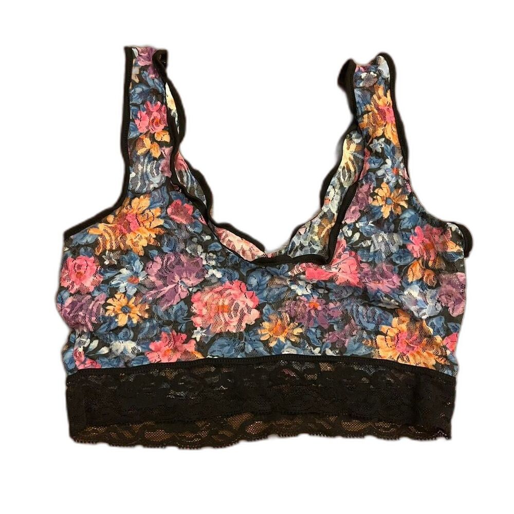 vintage y2k 2000s black and multicolor lace floral bralette size medium